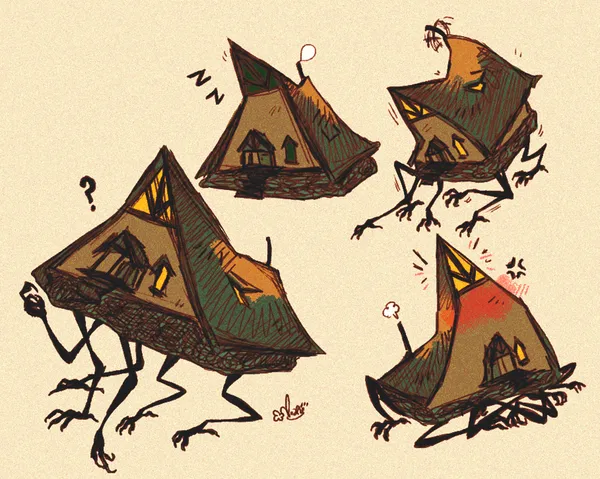 A naturalist style sketch image depicting four representations of a modest cabin or hut with many limbs emoting and moving around as if alive.